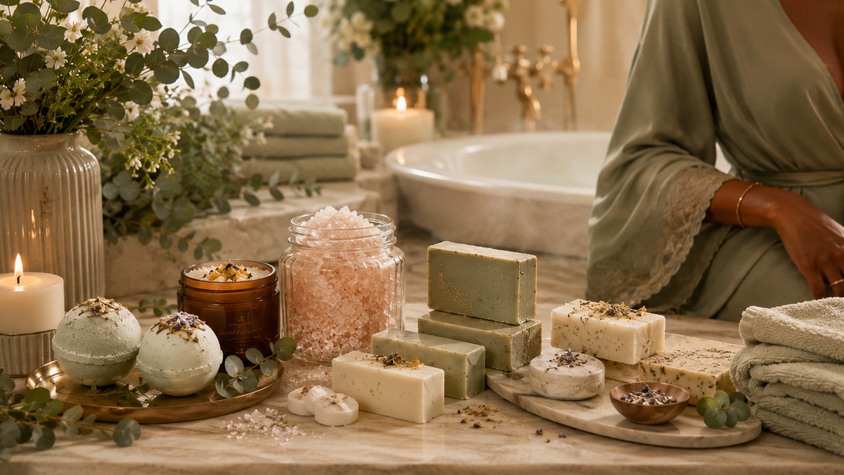 A styled spa scene with multiple bars of soap, bath bombs, candles, and folded towels arranged on a table beside a bathtub, with a person in a robe partially visible on the right.